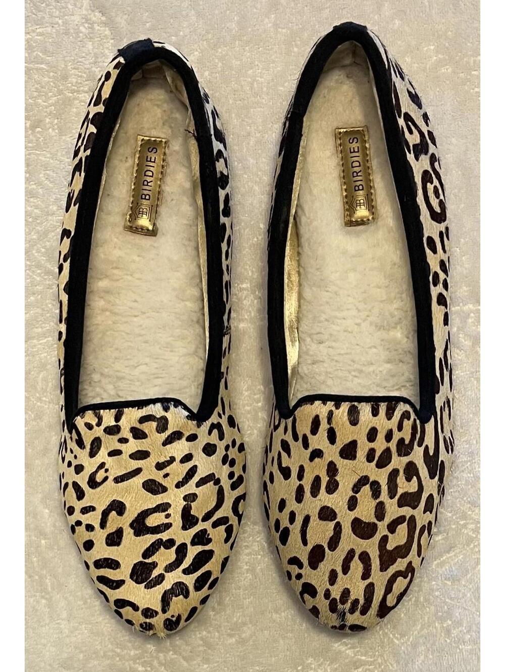 Birdies Womens 6.5 Wren Loafer Leopard Print Calf Hair Slip On Flats Casual Shoe